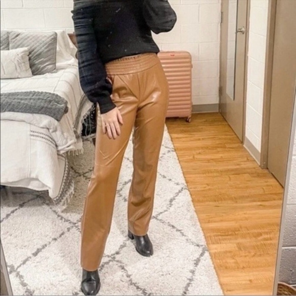 Joie Faux Leather Pants Elastic Waist Straight Leg Smocked Pockets Brown